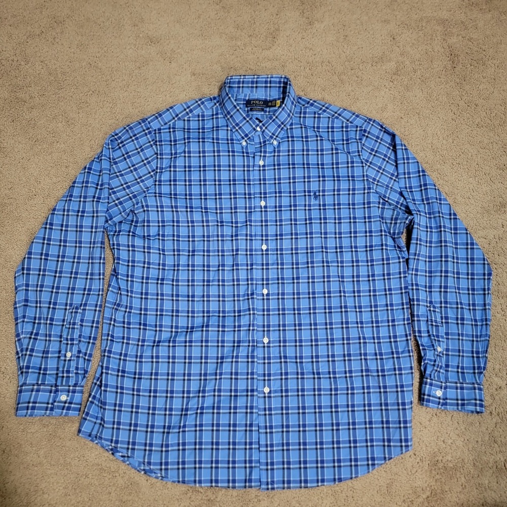 Polo Ralph Lauren Performance Shirt Mens XXL Blue Plaid Long Sleeve Nylon Blend - Picture 2 of 6